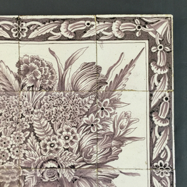 A manganese Dutch Delft tile panel with a flowervase, 2nd half 18th C.