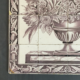 A manganese Dutch Delft tile panel with a flowervase, 2nd half 18th C.