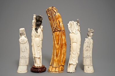 Five various Chinese carved ivory figures, 19/20th C.