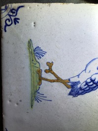 Four polychrome Dutch Delft tiles with birds, 17th C.