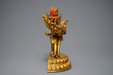 A large Sino-Tibetan gilt bronze figure of Kapaladhara Hevajra, 17/18th C.