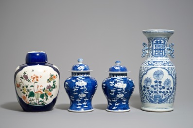 Four Chinese famille verte and blue and white vases, 19/20th C.