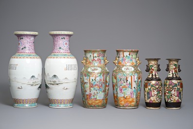 Three pairs of Chinese famille rose and verte vases, 19/20th C.
