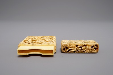 A Chinese ivory card case and a cinnabar lacquer box and cover, Qianlong mark, 19th C.