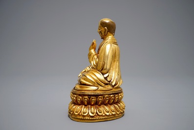 Un mod&egrave;le d'un Dalai Lama en bronze dor&eacute;, Sino-Tibet, 19/20&egrave;me