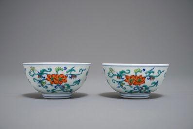 A pair of Chinese doucai bowls, Daoguang mark, 20th C.