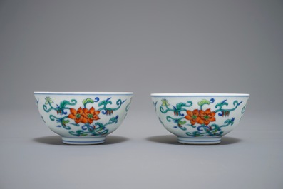 A pair of Chinese doucai bowls, Daoguang mark, 20th C.