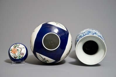 Four Chinese famille verte and blue and white vases, 19/20th C.
