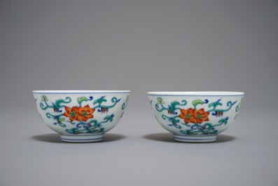 A pair of Chinese doucai bowls, Daoguang mark, 20th C.