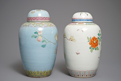 Two large Chinese famille rose olive-shaped ginger jars of floral design, 19th C.