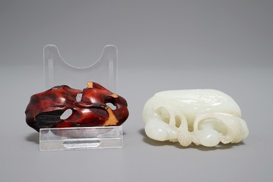 A Chinese jade group of two Mandarin ducks on lotus leaf, 19th C.