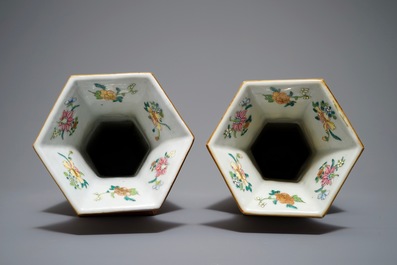 A pair of reticulated double-walled hexagonal Chinese famille rose vases, Yongzheng