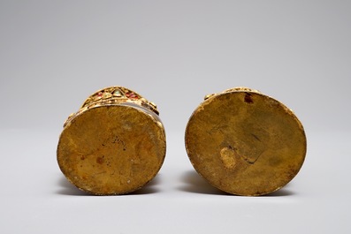 A pair of Tibetan agate flasks with turquoise- and coral-inlaid gilt silver mounts, 19th C.