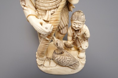 Three Japanese carved ivory okimono, Meiji, 19th C.