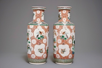A pair of Chinese famille verte rouleau vases, Qianlong mark, 19th C.