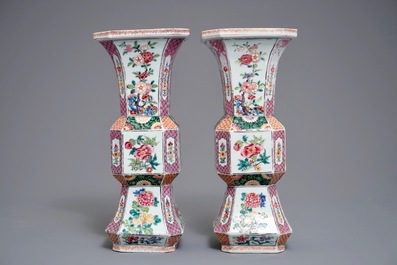 A pair of Chinese famille rose vases with floral design, Yongzheng