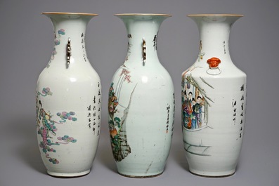 Trois grands vases en porcelaine de Chine famille rose, 19/20&egrave;me