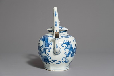 A Chinese blue and white wine jug and cover with silver-mounted spout, Transitional period