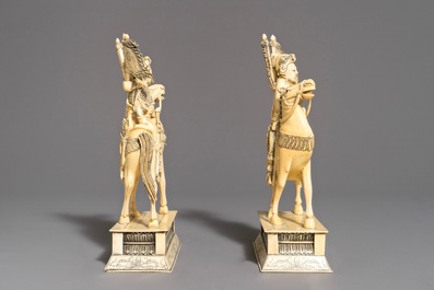 A pair of Chinese carved ivory horseriders, 19th C.