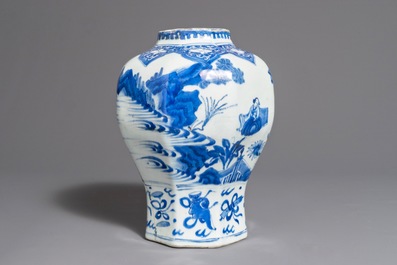 A Chinese blue and white baluster vase with figures in a landscape, Transitional period