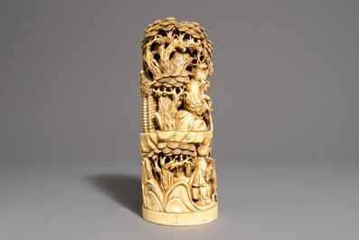 A Chinese carved ivory fishermen group, 19th C.