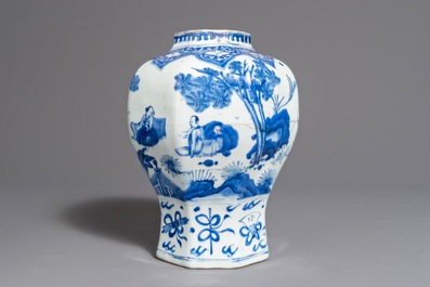 A Chinese blue and white baluster vase with figures in a landscape, Transitional period