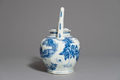 A Chinese blue and white wine jug and cover with silver-mounted spout, Transitional period