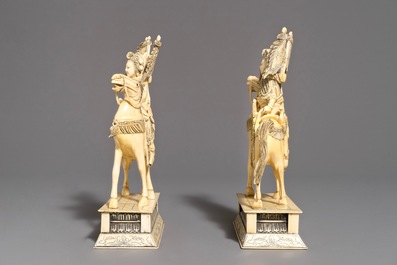 A pair of Chinese carved ivory horseriders, 19th C.