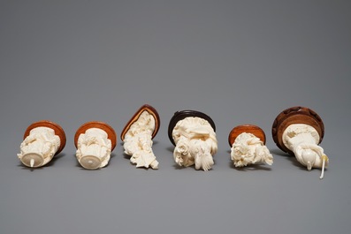 Six various Chinese carved ivory figures on wooden bases, 19/20th C.