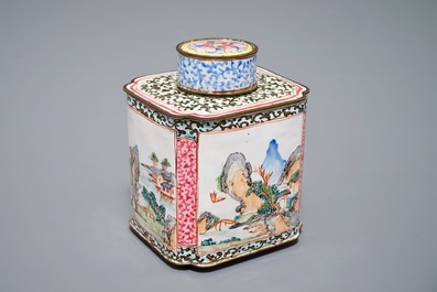 A Chinese Canton enamel tea caddy and cover, Qing
