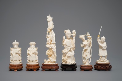 Six various Chinese carved ivory figures on wooden bases, 19/20th C.