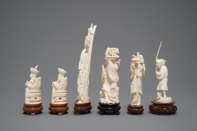 Six various Chinese carved ivory figures on wooden bases, 19/20th C.