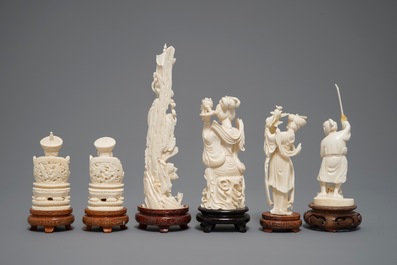 Six various Chinese carved ivory figures on wooden bases, 19/20th C.