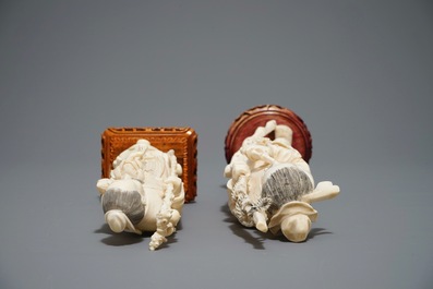 Two Chinese carved ivory figures on wooden bases, 19/20th C.