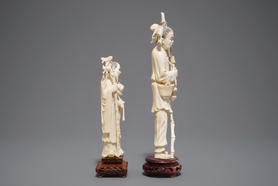 Two Chinese carved ivory figures on wooden bases, 19/20th C.