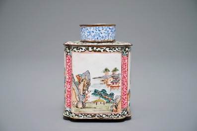 A Chinese Canton enamel tea caddy and cover, Qing