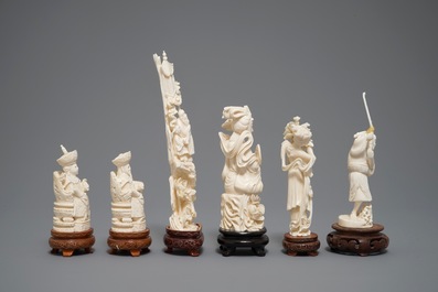 Six various Chinese carved ivory figures on wooden bases, 19/20th C.