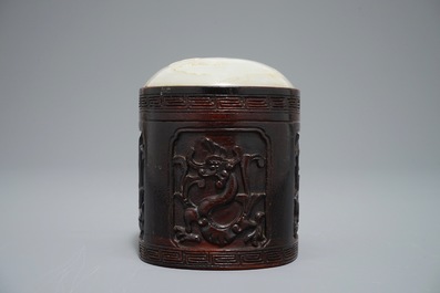 A Chinese jade top carved mahogany box, 19/20th C.