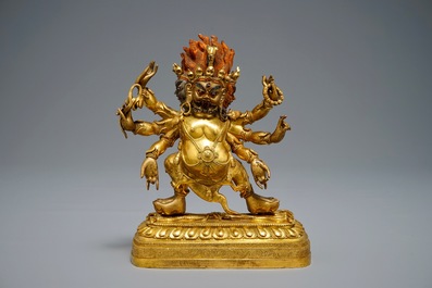 A Sino-Tibetan or Nepalese gilt bronze figure of Yamantaka, 19/20th C.