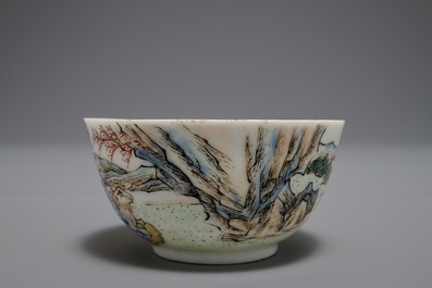 A Chinese famille rose cup and saucer depicting Lie Ti Guai with three goats, Yongzheng