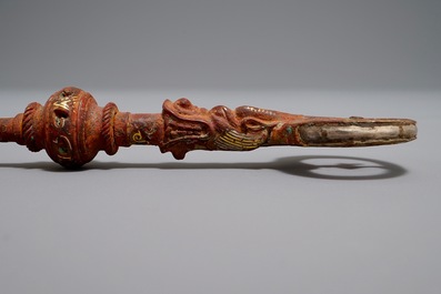 A Chinese gilt and silvered bronze winding key for a qin, Han or later