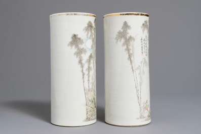 A pair of Chinese qianjiang cai landscape hat stands, 19/20th C.