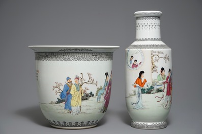 A Chinese famille rose jardini&egrave;re on stand and a rouleau vase, Republic, 20th C.