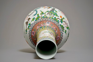 A Chinese famille rose tianqiu ping vase with birds among foliage, Qianlong mark, 20th C.
