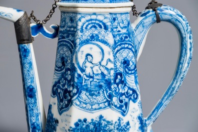 Une rare cafeti&egrave;re en porcelaine de Chine bleu et blanc &agrave; d&eacute;cor &quot;La d&eacute;esse Europe et le taureau&quot;, Kangxi