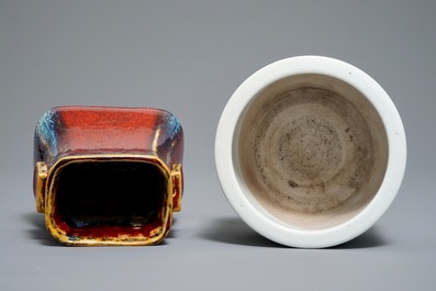 A Chinese blanc de Chine incense burner and a flamb&eacute; fanghu vase, 19/20th C.