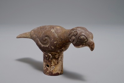 A Chinese bronze cane handle in the shape of a mythological bird, Han or later