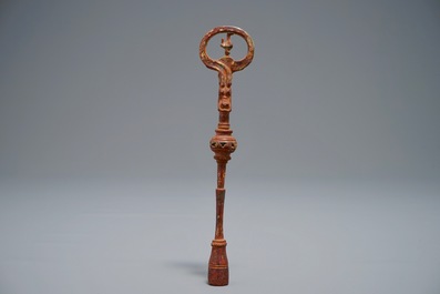 A Chinese gilt and silvered bronze winding key for a qin, Han or later