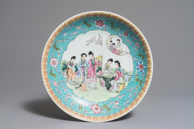 Three Chinese famille rose dishes with ladies in a garden, Qianlong marks, Republic, 20th C.