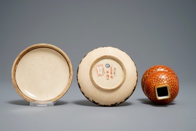 A Japanese blue and white Arita jug, Edo, 17th C., a small Kutani vase and a Satsuma box, Meiji, 19th C.